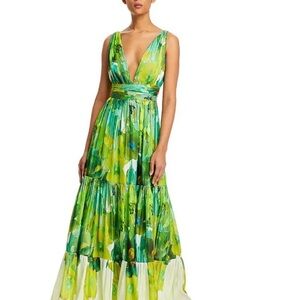 NWT Kobi Halpern Gail Tiered Multicolor Floral Maxi Tiered Satin Dress 2 $700